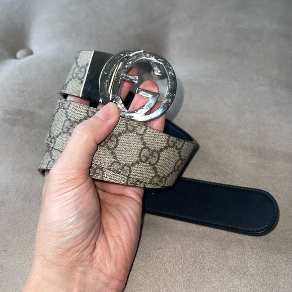 GUCCI SUPREME BELT WITH G BUCKLE MENS BROWN LOGO PRINT REVERSIBLE {$480} 75 / 30 - Picture 3 of 13